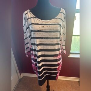 Cache L Striped Floral Rhinestone Top Button Tab Sleeves Made in USA Tunic
